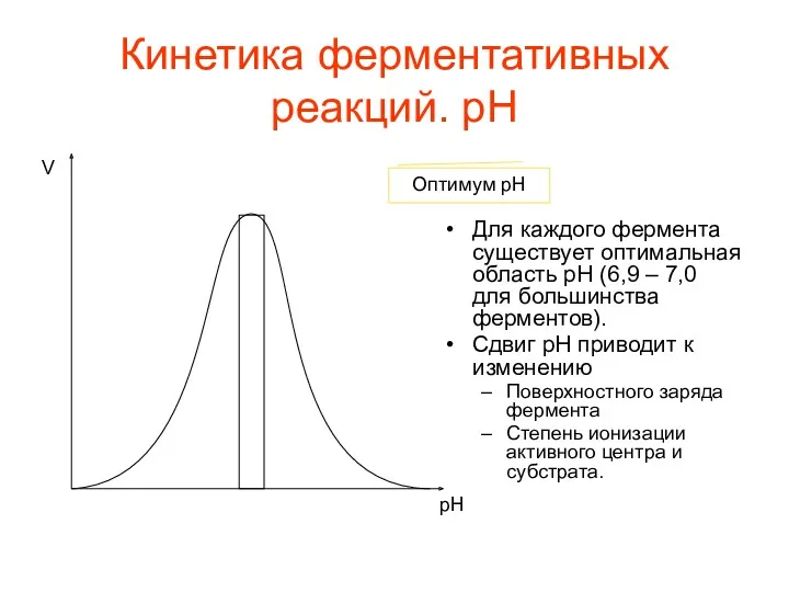 Кинетика ферментативных реакций. pH Для каждого фермента существует оптимальная область pH (6,9 –