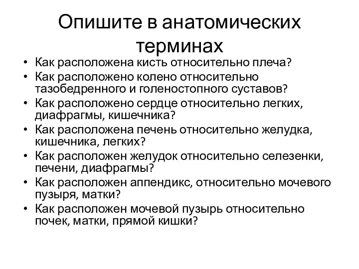 Опишите в анатомических терминах Как расположена кисть относительно плеча? Как