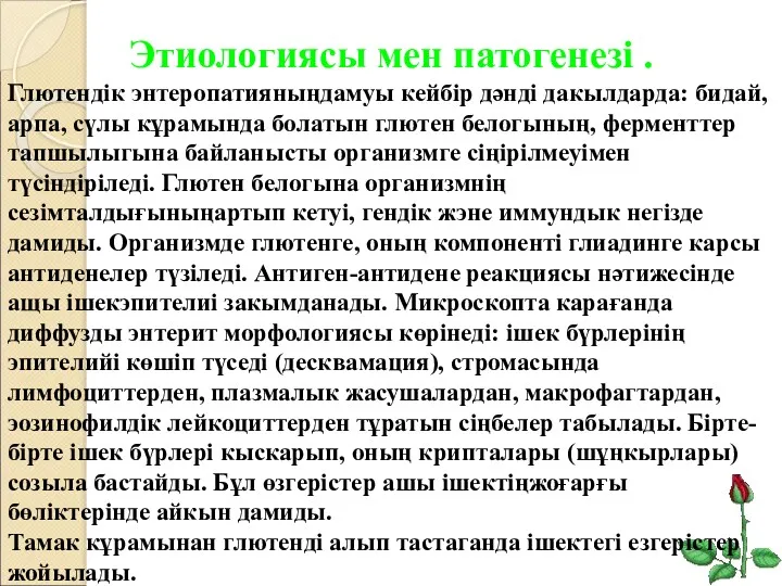 Этиологиясы мен патогенезі . Глютендік энтеропатияныңдамуы кейбір дәнді дакылдарда: бидай,