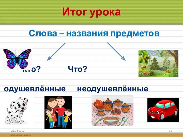 Итог урока Слова – названия предметов 28.04.2020 Кто? Что? одушевлённые неодушевлённые