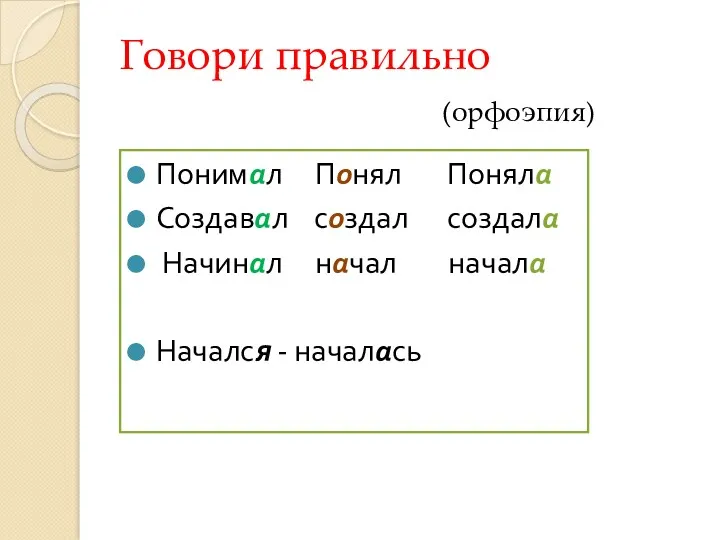 Говори правильно (орфоэпия) Понимал Понял Поняла Создавал создал создала Начинал начал начала Начался - началась