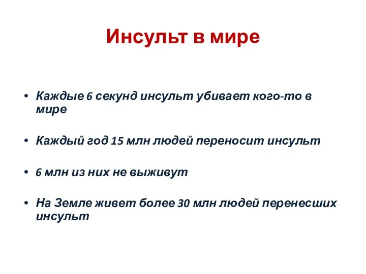 Инсульт в мире Каждые 6 секунд инсульт убивает кого-то в мире Каждый год