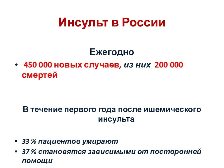 Инсульт в России Ежегодно 450 000 новых случаев, из них