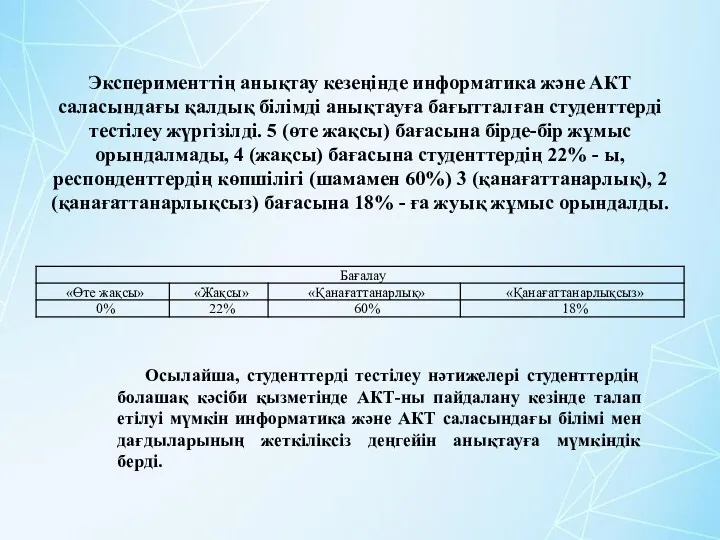 Эксперименттің анықтау кезеңінде информатика және АКТ саласындағы қалдық білімді анықтауға