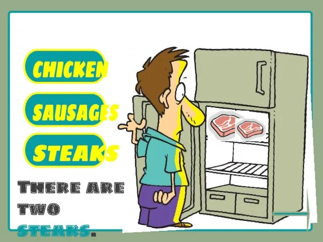 What’s there in the fridge? CHICKEN SAUSAGES STEAKS There are two steaks.