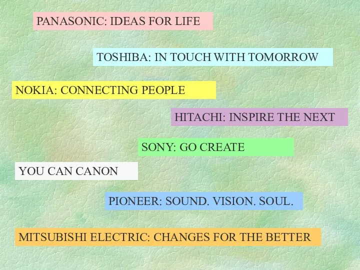 PANASONIC: IDEAS FOR LIFE TOSHIBA: IN TOUCH WITH TOMORROW NOKIA: CONNECTING PEOPLE HITACHI: