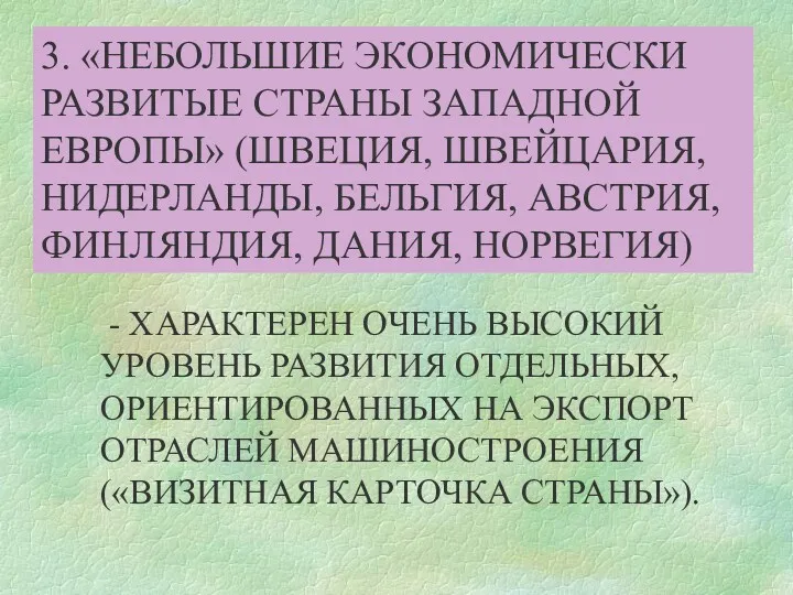 3. «НЕБОЛЬШИЕ ЭКОНОМИЧЕСКИ РАЗВИТЫЕ СТРАНЫ ЗАПАДНОЙ ЕВРОПЫ» (ШВЕЦИЯ, ШВЕЙЦАРИЯ, НИДЕРЛАНДЫ,