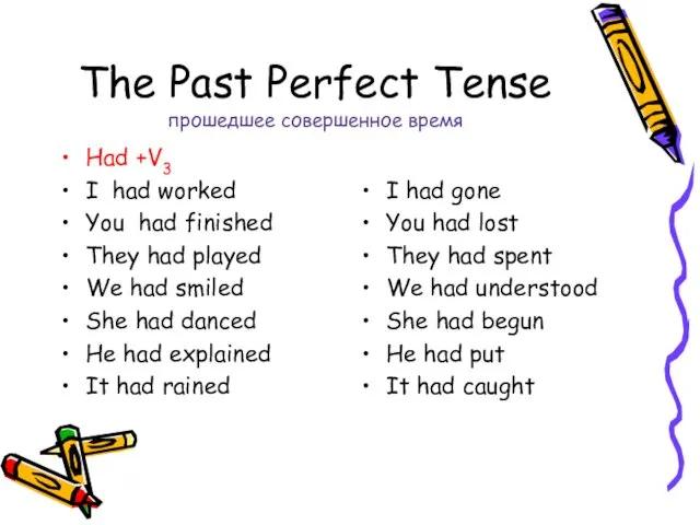 The Past Perfect Tense прошедшее совершенное время Had +V3 I