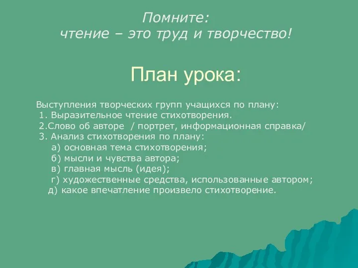 План урока: Помните: чтение – это труд и творчество! Выступления