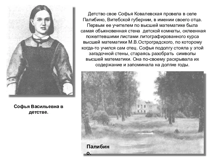 Детство свое Софья Ковалевская провела в селе Палибино, Витебской губернии,