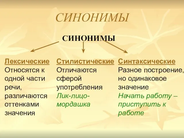 СИНОНИМЫ СИНОНИМЫ Лексические Относятся к одной части речи, различаются оттенками