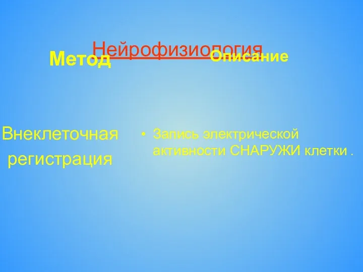 Нейрофизиология Метод Внеклеточная регистрация Описание Запись электрической активности СНАРУЖИ клетки .