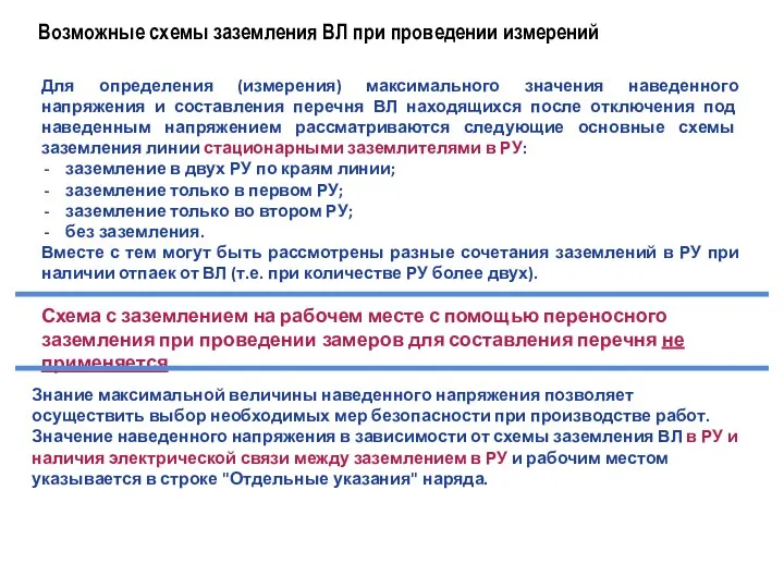 Возможные схемы заземления ВЛ при проведении измерений Схема с заземлением на рабочем месте