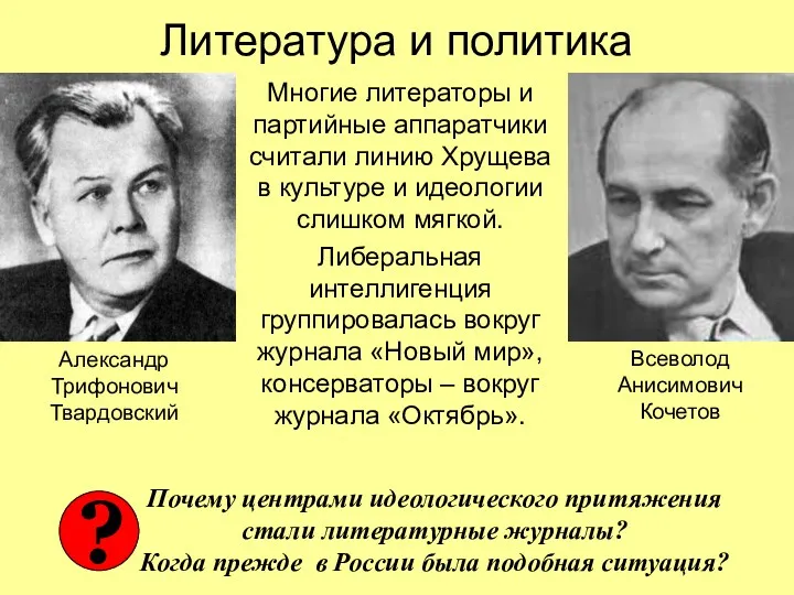 Литература и политика Многие литераторы и партийные аппаратчики считали линию