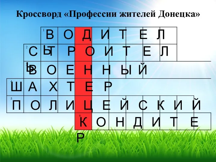 Кроссворд «Профессии жителей Донецка» В О Д И Т Е