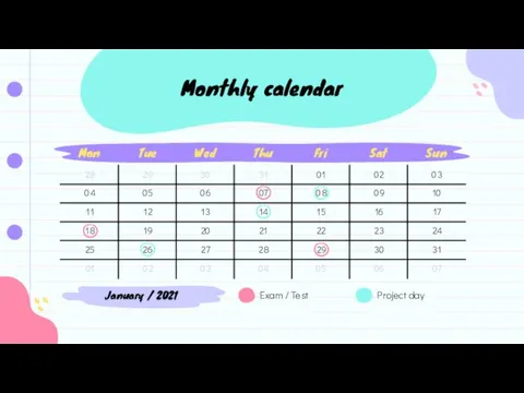 Monthly calendar Exam / Test Project day January / 2021