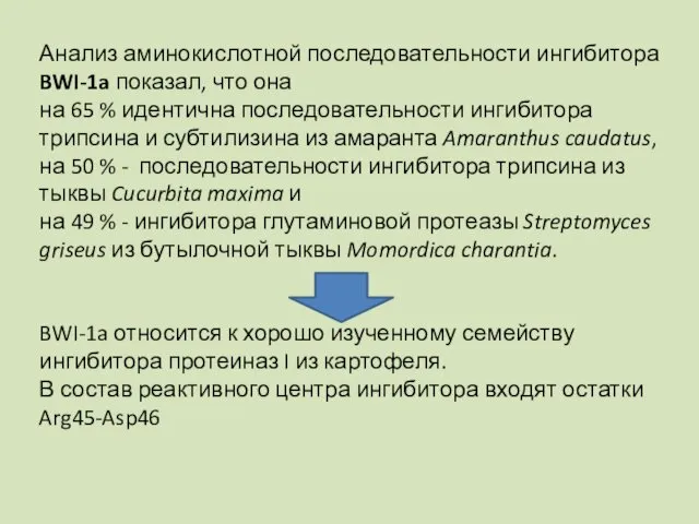 Анализ аминокислотной последовательности ингибитора BWI-1a показал, что она на 65