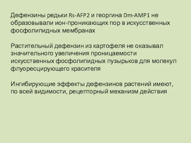 Дефензины редьки Rs-AFP2 и георгина Dm-AMP1 не образовывали ион-проникающих пор