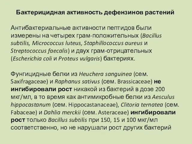 Бактерицидная активность дефензинов растений Антибактериальные активности пептидов были измерены на