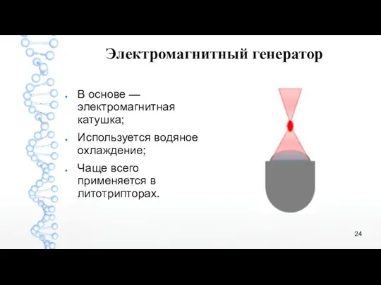 Электромагнитный генератор В основе — электромагнитная катушка; Используется водяное охлаждение; Чаще всего применяется в литотрипторах.