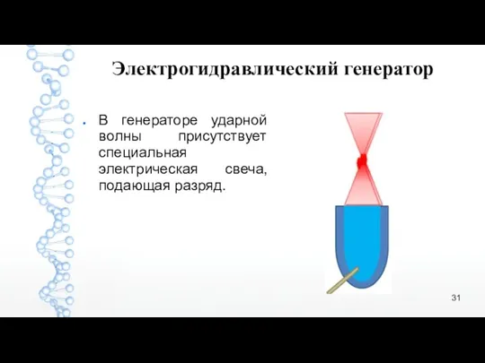 Электрогидравлический генератор В генераторе ударной волны присутствует специальная электрическая свеча, подающая разряд.