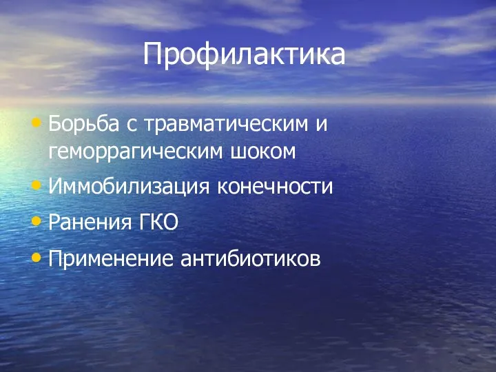 Профилактика Борьба с травматическим и геморрагическим шоком Иммобилизация конечности Ранения ГКО Применение антибиотиков