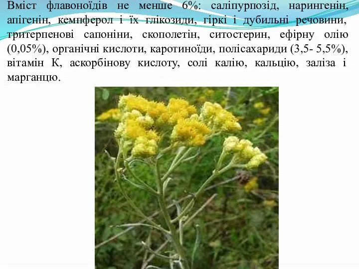 Вміст флавоноїдів не менше 6%: саліпурпозід, нарингенін, апігенін, кемпферол і їх глікозиди, гіркі