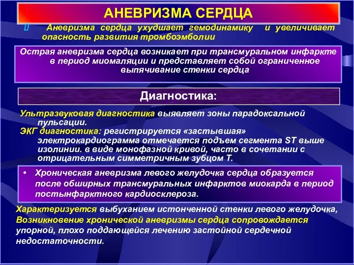 АНЕВРИЗМА СЕРДЦА Острая аневризма сердца возникает при трансмуральном инфаркте в