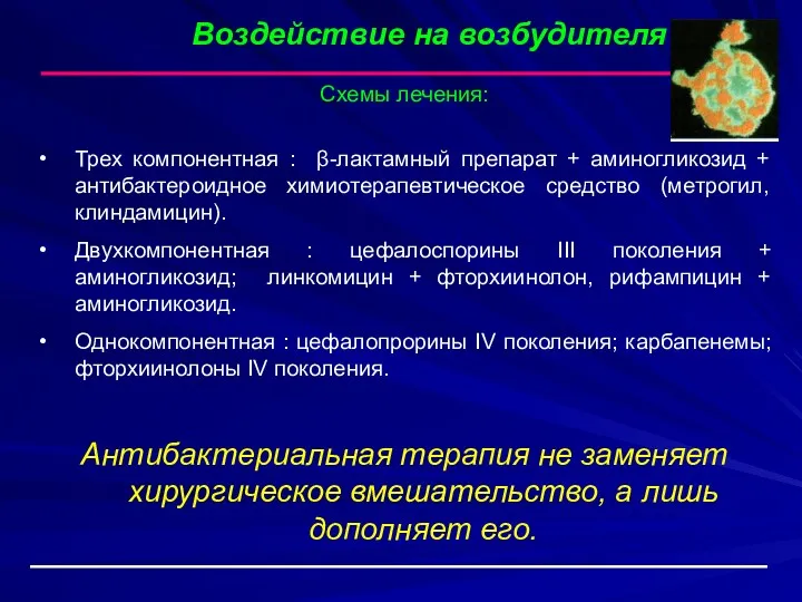 Схемы лечения: Трех компонентная : β-лактамный препарат + аминогликозид + антибактероидное химиотерапевтическое средство