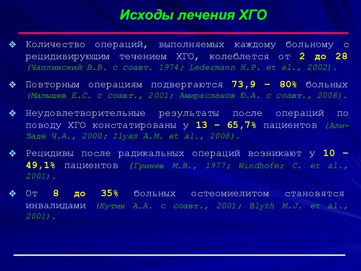 Исходы лечения ХГО Количество операций, выполняемых каждому больному с рецидивирующим