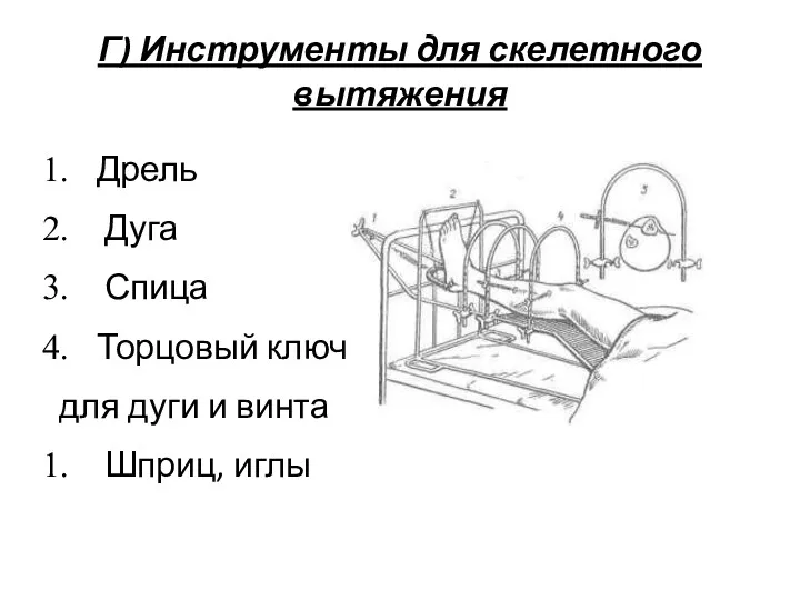 Г) Инструменты для скелетного вытяжения Дрель Дуга Спица Торцовый ключ для дуги и винта Шприц, иглы