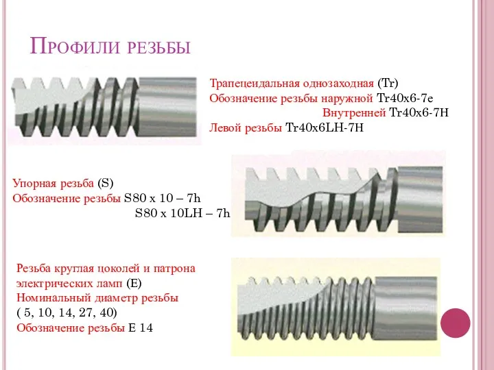 Профили резьбы Трапецеидальная однозаходная (Tr) Обозначение резьбы наружной Tr40х6-7е Внутренней