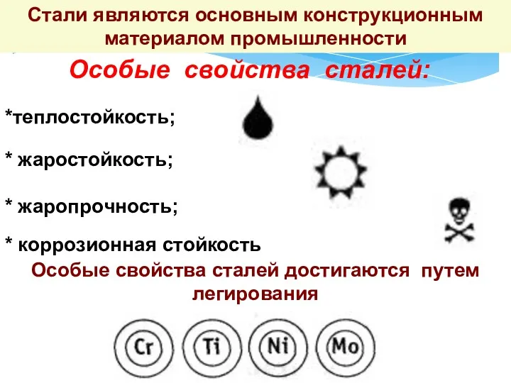 Стали являются основным конструкционным материалом промышленности Особые свойства сталей: *теплостойкость; * жаропрочность; *