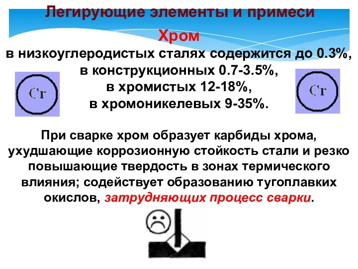 Легирующие элементы и примеси Хром в низкоуглеродистых сталях содержится до 0.3%, в конструкционных