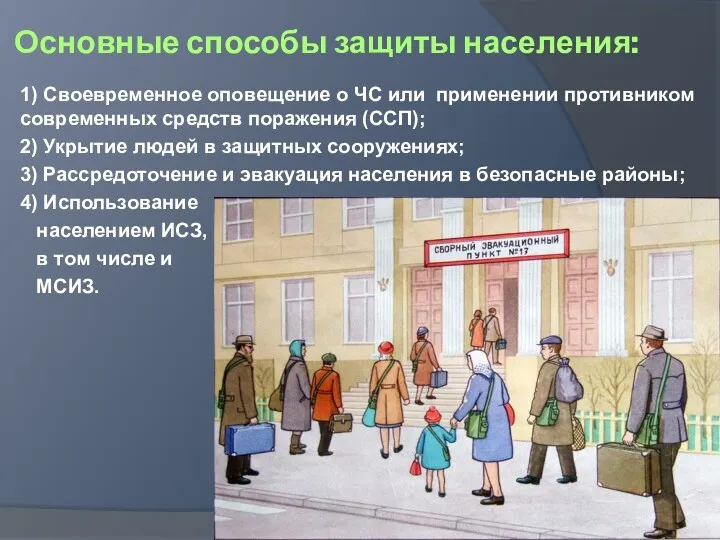 Основные способы защиты населения: 1) Своевременное оповещение о ЧС или