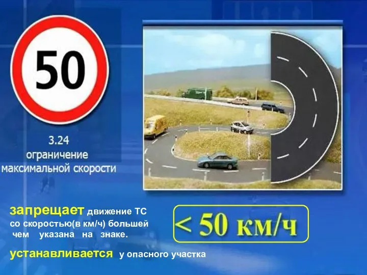 запрещает движение ТС со скоростью(в км/ч) большей чем указана на знаке. устанавливается у опасного участка