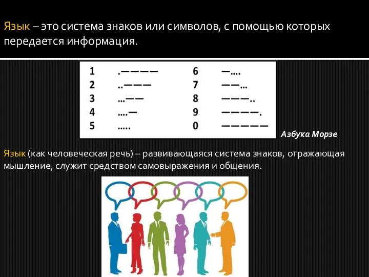 Язык (как человеческая речь) – развивающаяся система знаков, отражающая мышление,