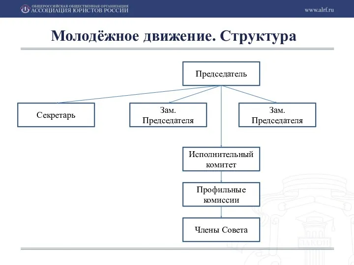 Молодёжное движение. Структура Председатель Секретарь Зам. Председателя Зам. Председателя Исполнительный комитет Профильные комиссии Члены Совета