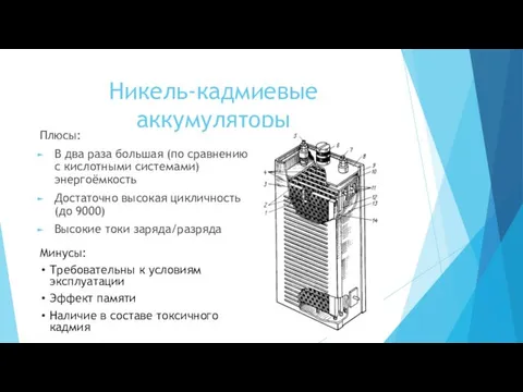 Никель-кадмиевые аккумуляторы Плюсы: В два раза большая (по сравнению с кислотными системами) энергоёмкость