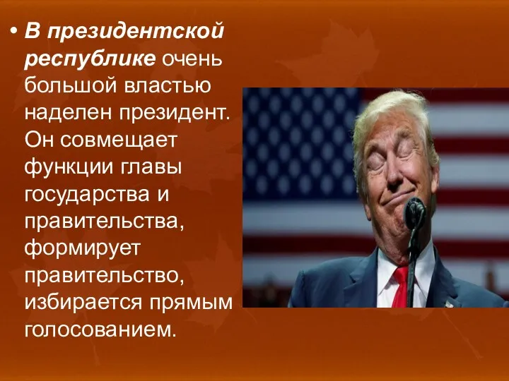 В президентской республике очень большой властью наделен президент. Он совмещает