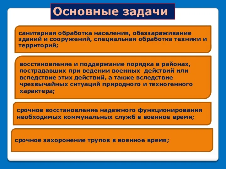 Основные задачи санитарная обработка населения, обеззараживание зданий и сооружений, специальная