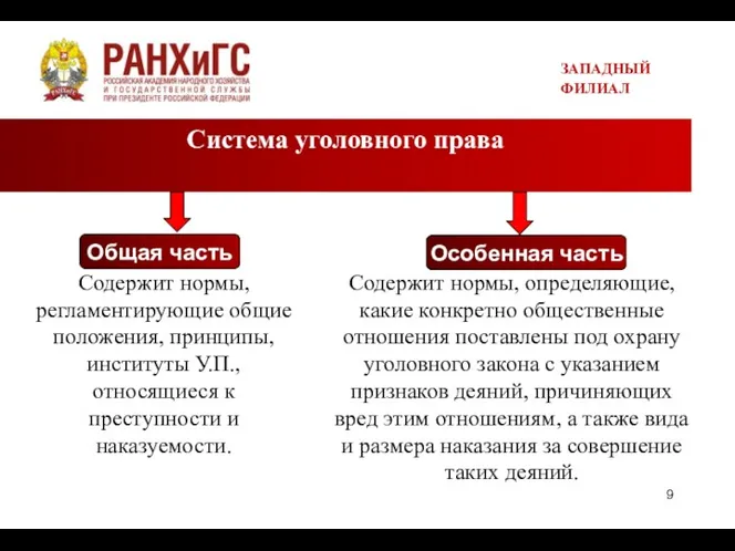 Система уголовного права ЗАПАДНЫЙ ФИЛИАЛ Общая часть Особенная часть Содержит