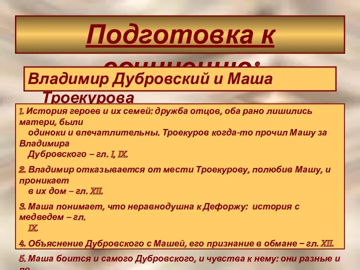 Подготовка к сочинению: Владимир Дубровский и Маша Троекурова 1. История