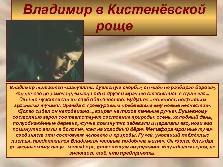 Владимир в Кистенёвской роще Владимир пытается «заглушить душевную скорбь», он