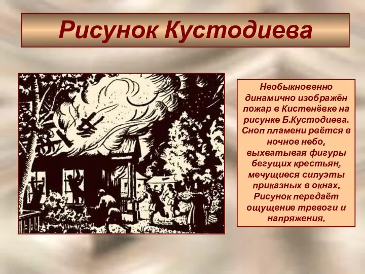 Рисунок Кустодиева Необыкновенно динамично изображён пожар в Кистенёвке на рисунке