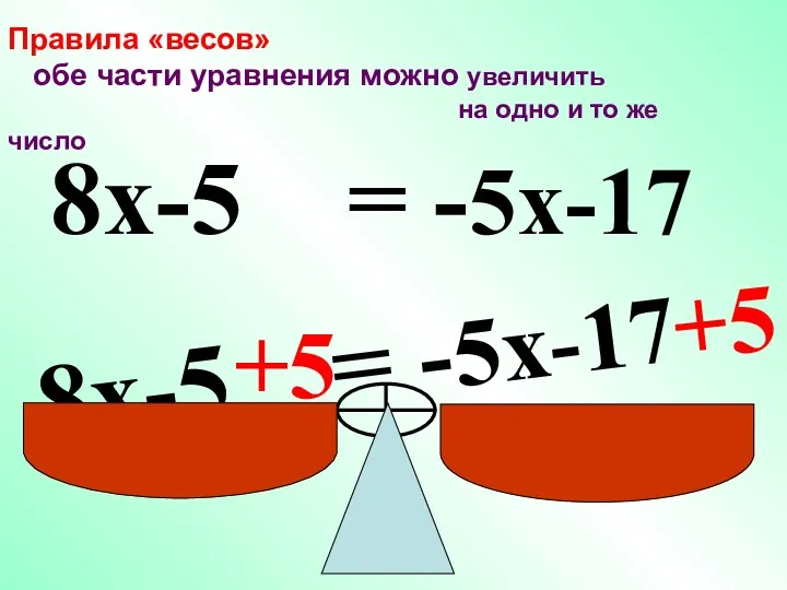 8x-5 = -5x-17 +5 +5 8x-5 = -5x-17 Правила «весов»