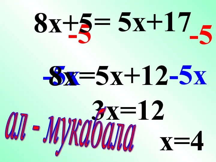 = 5x+17 -5 -5 =5x+12 -5x -5x 3x=12 ал - мукабала 8x+5 8х x=4