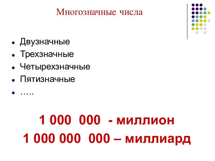 Многозначные числа Двузначные Трехзначные Четырехзначные Пятизначные ….. 1 000 000