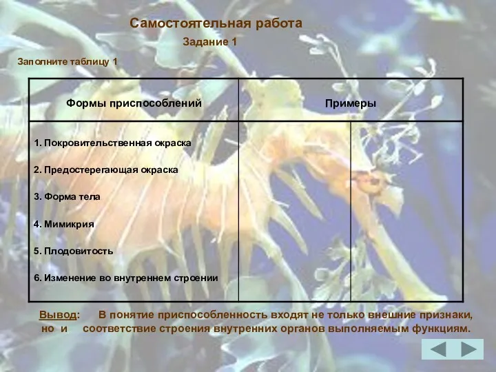 Заполните таблицу 1 Вывод: В понятие приспособленность входят не только