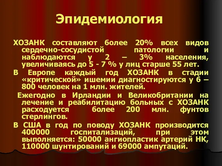 Эпидемиология ХОЗАНК составляют более 20% всех видов сердечно-сосудистой патологии и